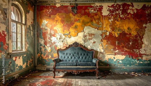 Dilapidated room, ornate sofa