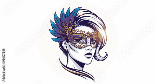 Elegant woman's portrait with ornate masquerade mask and feather accents