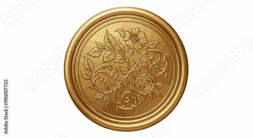 Embossed gold medallion with intricate floral and scrollwork design