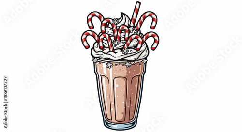 Festive cocoa drink with whipped cream, candy canes, and snowflakes