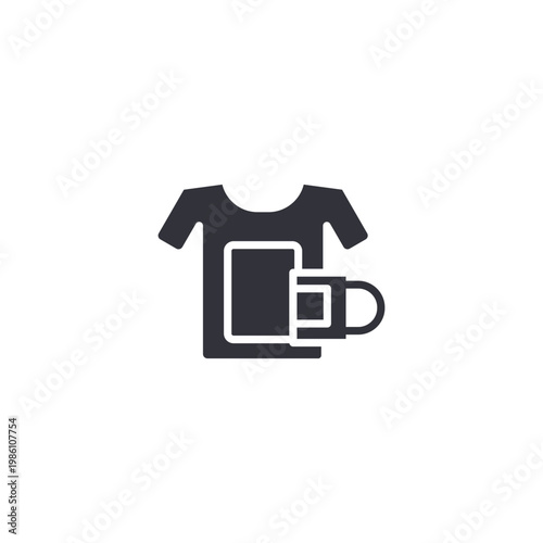 Custom merchandise icon showing printed t-shirt and mug, symbolizing branding, promotional products, and personalized printing services.