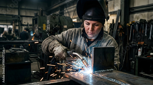 Woman welding metal in industrial workshop