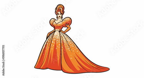 Elaborate orange gown with sparkle accents, worn by a stylized figure