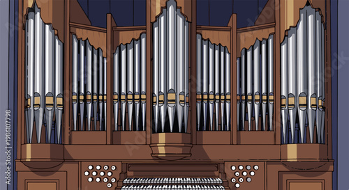 Elaborate pipe organ with polished metal pipes and wooden casing