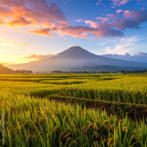 A serene landscape of a lush green field with a majestic mountain