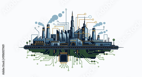 Digitalized industrial city with technological connections and circuits