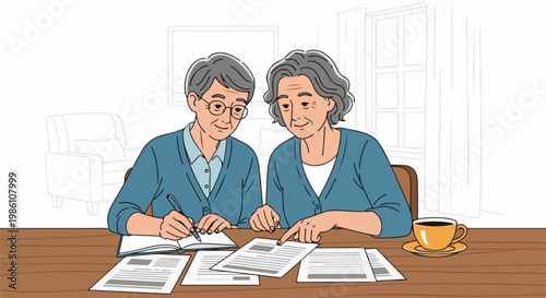 Elderly couple reviewing documents and enjoying coffee at a wooden table