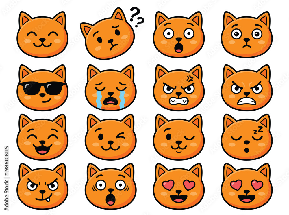 Fototapeta premium Collection of Cute Cat Emoticons Expressing Various Emotions.