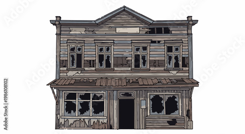 Dilapidated wooden building with broken windows and peeling paint