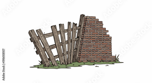 Dilapidated wooden fence section leans against a crumbling brick wall