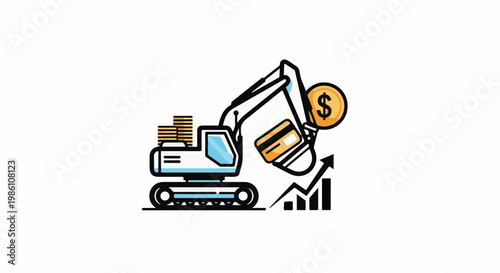 Excavator scoops credit card and dollar coin near growth chart and coins