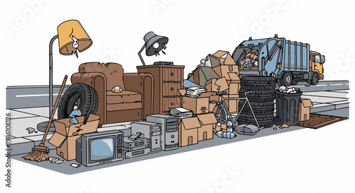 Discarded furniture and electronics piled on curb with garbage truck