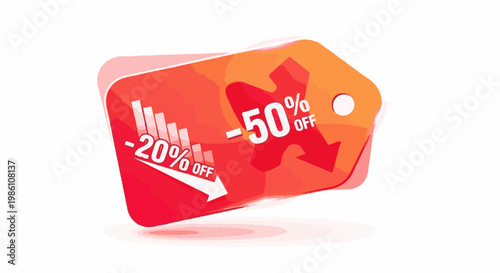 Discount tag with price reductions and downward graph icons