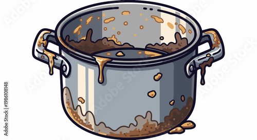Dirty cooking pot with remnants of food and liquid dripping down