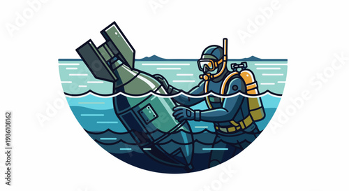 Diver handles a large bomb underwater