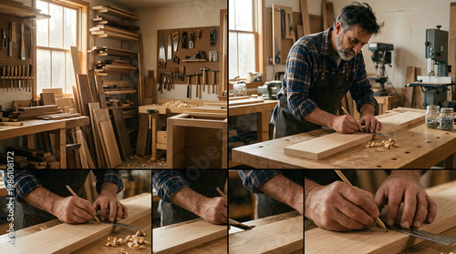 Woodworking artisan marking wood in workshop