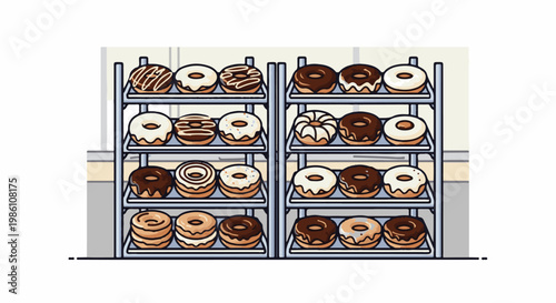 Display rack showcasing various donuts with assorted glazes and toppings