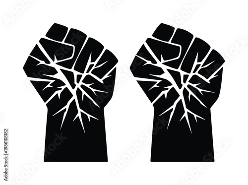 Raised fist silhouette with lightning crack texture, powerful protest hand gesture vector, black revolution and strength symbol for activism