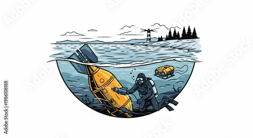 Diver investigates sunken object, ROV nearby, lighthouse on distant shore