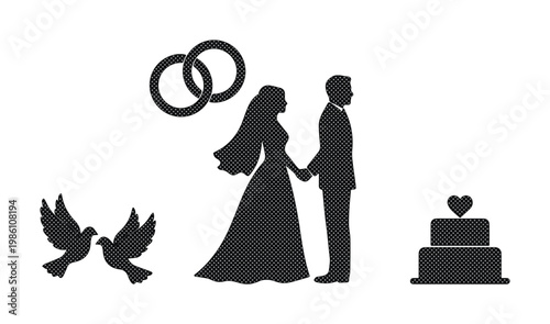 Wedding silhouette vector set with bride and groom, romantic marriage icons including rings and doves, elegant black bridal ceremony elements