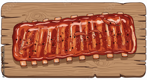 Delicious barbecued ribs glazed with sauce on a rustic wooden board