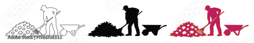 Construction worker silhouette vector set, laborer shoveling dirt with wheelbarrow, manual labor icons in black and magenta for industrial design