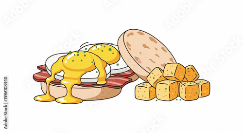 Delicious cartoon breakfast of eggs benedict with hash browns and muffin