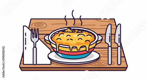 Delicious cheesy casserole served with cutlery on a wooden board