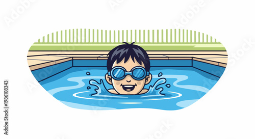 Excited child with goggles splashes joyfully in clear blue swimming pool water