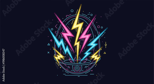 Energetic bolts of neon light explode from a central circular base