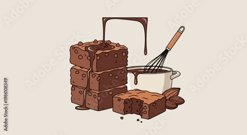 Delicious chocolate brownies, nuts, and a whisk in a pot