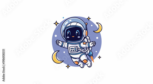 Cute cartoon astronaut floating among stars and moons in deep space