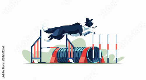 Energetic border collie leaps over agility obstacles in a dynamic cartoon