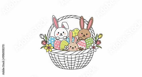 Cute cartoon bunnies and decorated eggs overflowing from a woven basket with flowers