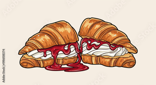 Delicious croissant halves filled with cream and drizzled with red jam