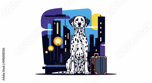 Dalmatian dog sits beside suitcase in stylized city at night