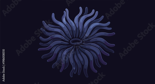 Dark blue, pixelated anemone with flowing tentacles on a black background