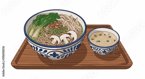 Delicious noodle soup and side dish served in decorative bowls on a wooden tray