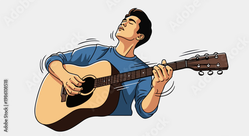 Energetic young man passionately playing acoustic guitar, eyes closed in bliss