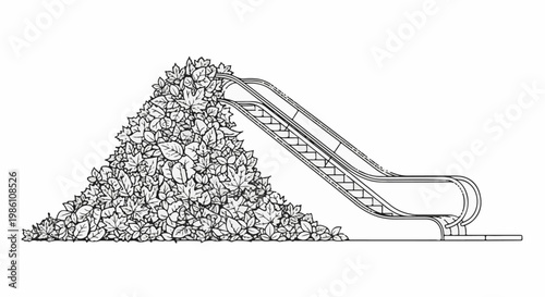 Escalator partially covered by a large pile of autumn leaves