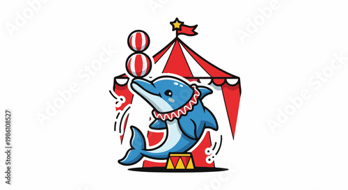 Cute cartoon dolphin performs tricks under a circus tent with balls