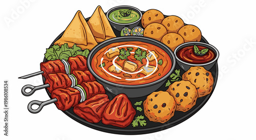 Delicious platter with Indian food kebabs, samosas, curry, pakoras