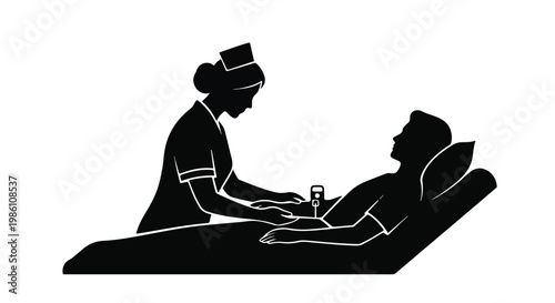 Nurse taking care of a patient in a hospital bed with an iv