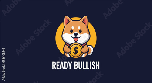 Cute cartoon dog holds a golden coin with dollar sign