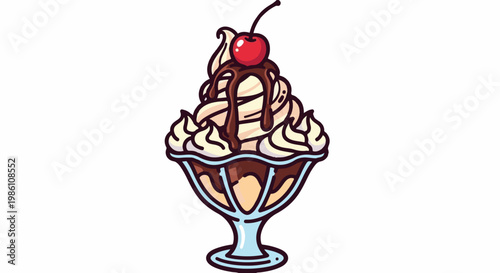 Delicious vanilla soft serve ice cream sundae with chocolate topping and cherry