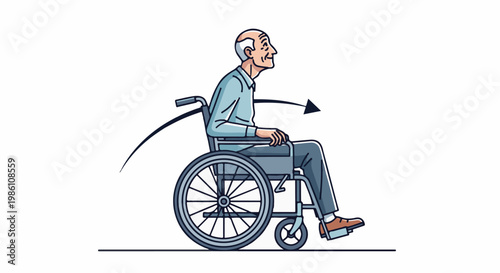 Elderly man in wheelchair with arrow indicating forward motion