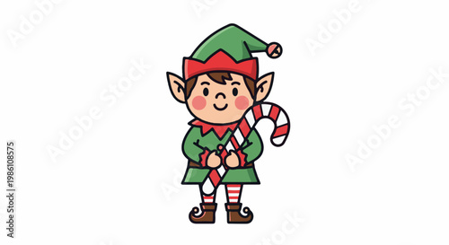 Cute cartoon elf with pointy hat holding a candy cane