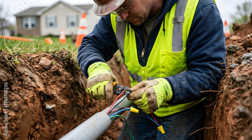 Utility worker installing underground cables