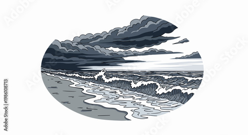 Dark, stormy clouds loom over crashing waves on a gray beach