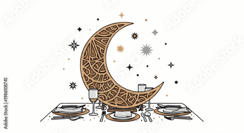 Decorated crescent moon above a table set for a festive meal